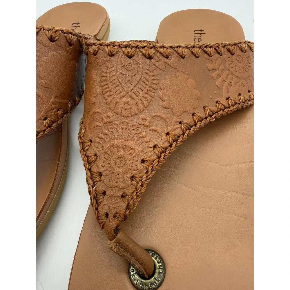 The Sak Women's Leather Embossed Thong Sandals Brown Boho Flip Flops Size 8